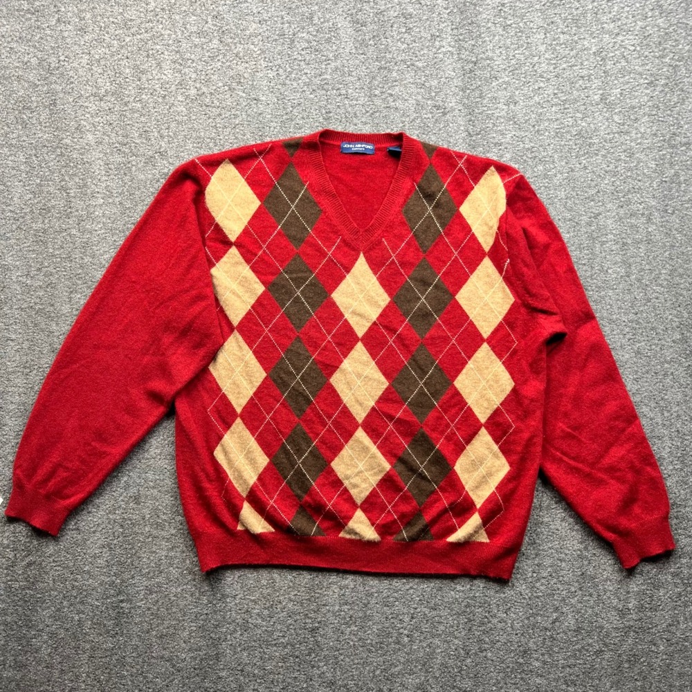 John Ashford Sweater Mens XL Red Argyle 100% Cashmere VNeck Pullover Long Sleeve